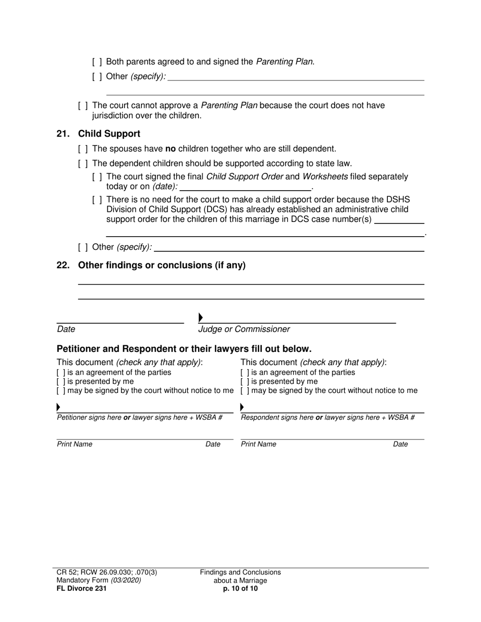 Form FL Divorce231 Findings and Conclusions About a Marriage - Washington, Page 10