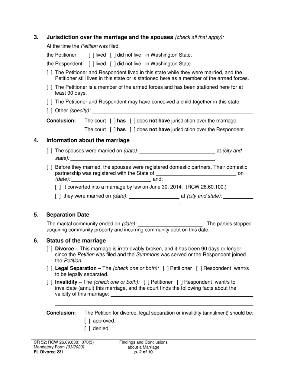 Form FL Divorce231 Findings and Conclusions About a Marriage - Washington, Page 2