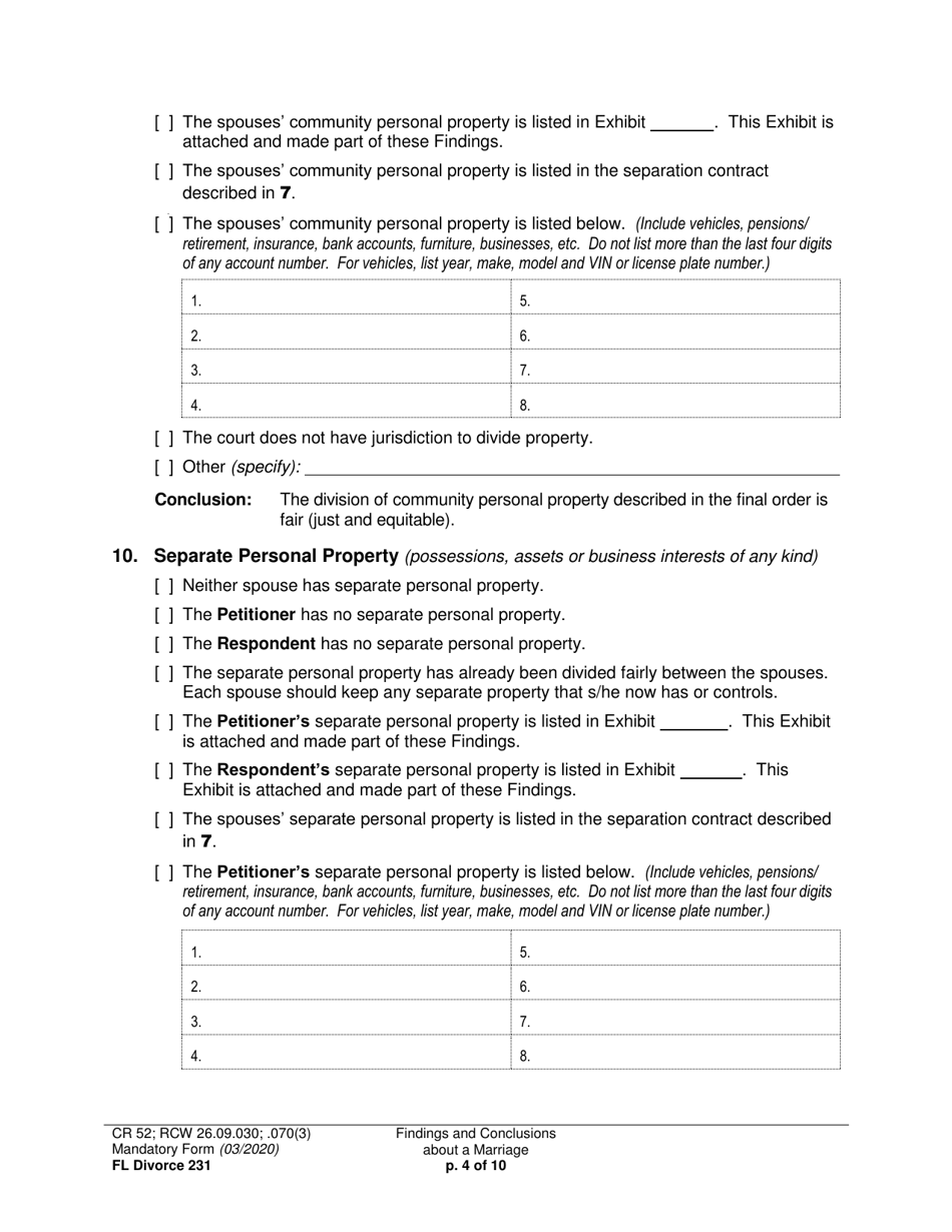 Form FL Divorce231 Findings and Conclusions About a Marriage - Washington, Page 4