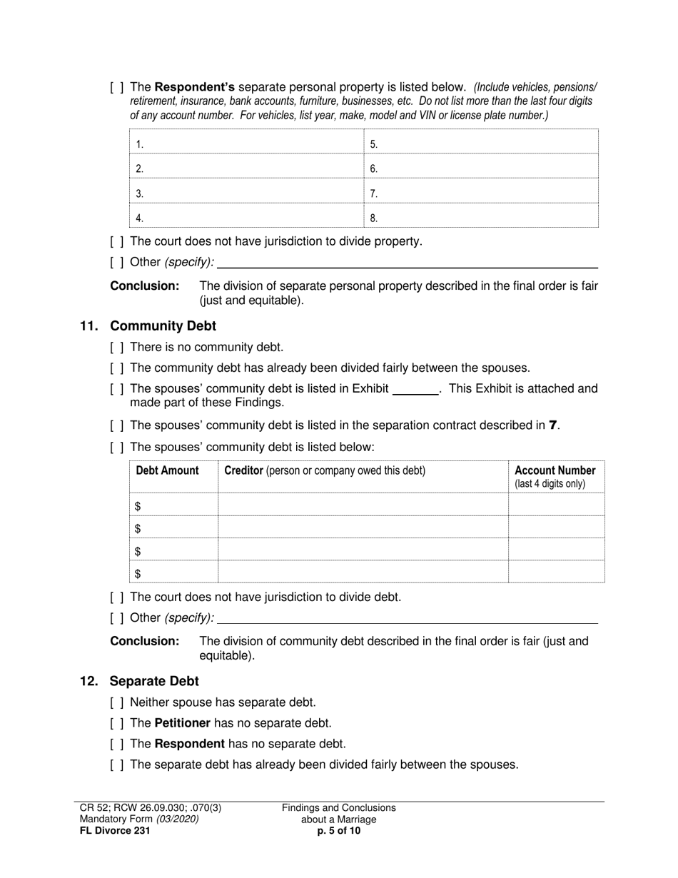 Form FL Divorce231 Findings and Conclusions About a Marriage - Washington, Page 5