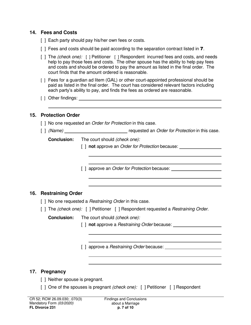 Form FL Divorce231 Findings and Conclusions About a Marriage - Washington, Page 7
