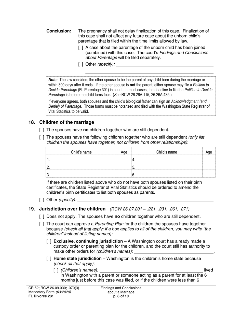 Form FL Divorce231 Findings and Conclusions About a Marriage - Washington, Page 8
