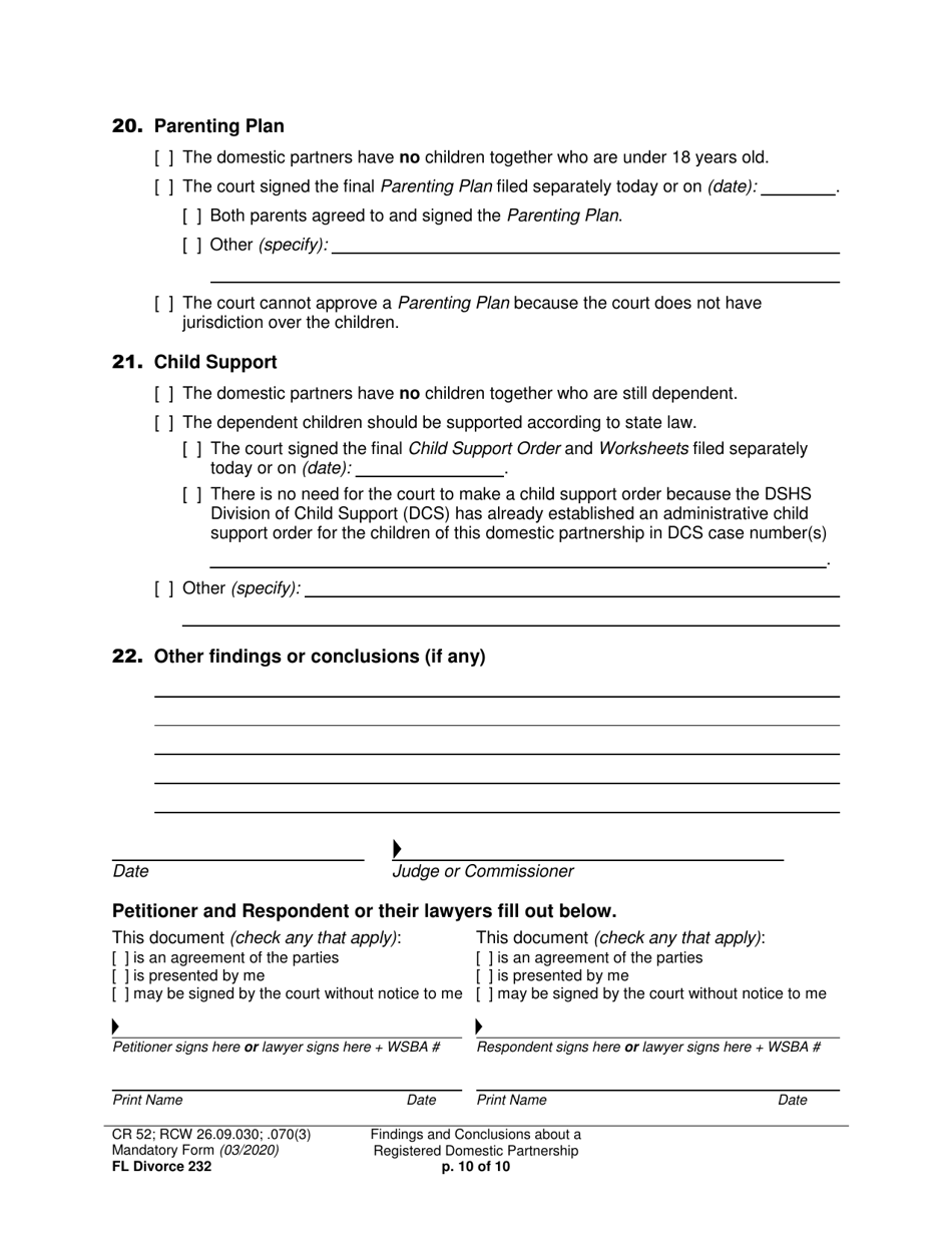 Form FL Divorce232 Findings and Conclusions About a Registered Domestic Partnership - Washington, Page 10