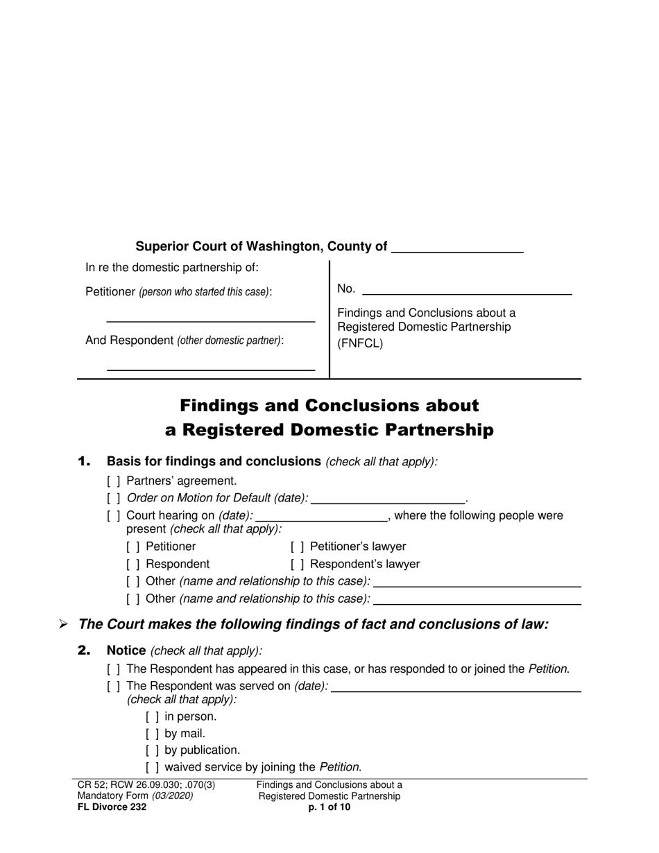 Form FL Divorce232 Findings and Conclusions About a Registered Domestic Partnership - Washington, Page 1