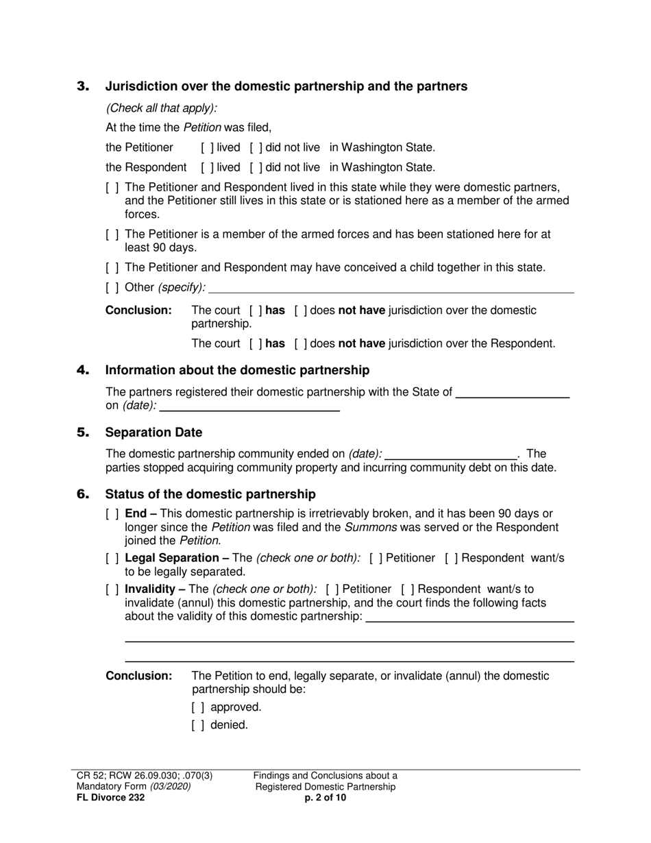 Form FL Divorce232 Findings and Conclusions About a Registered Domestic Partnership - Washington, Page 2