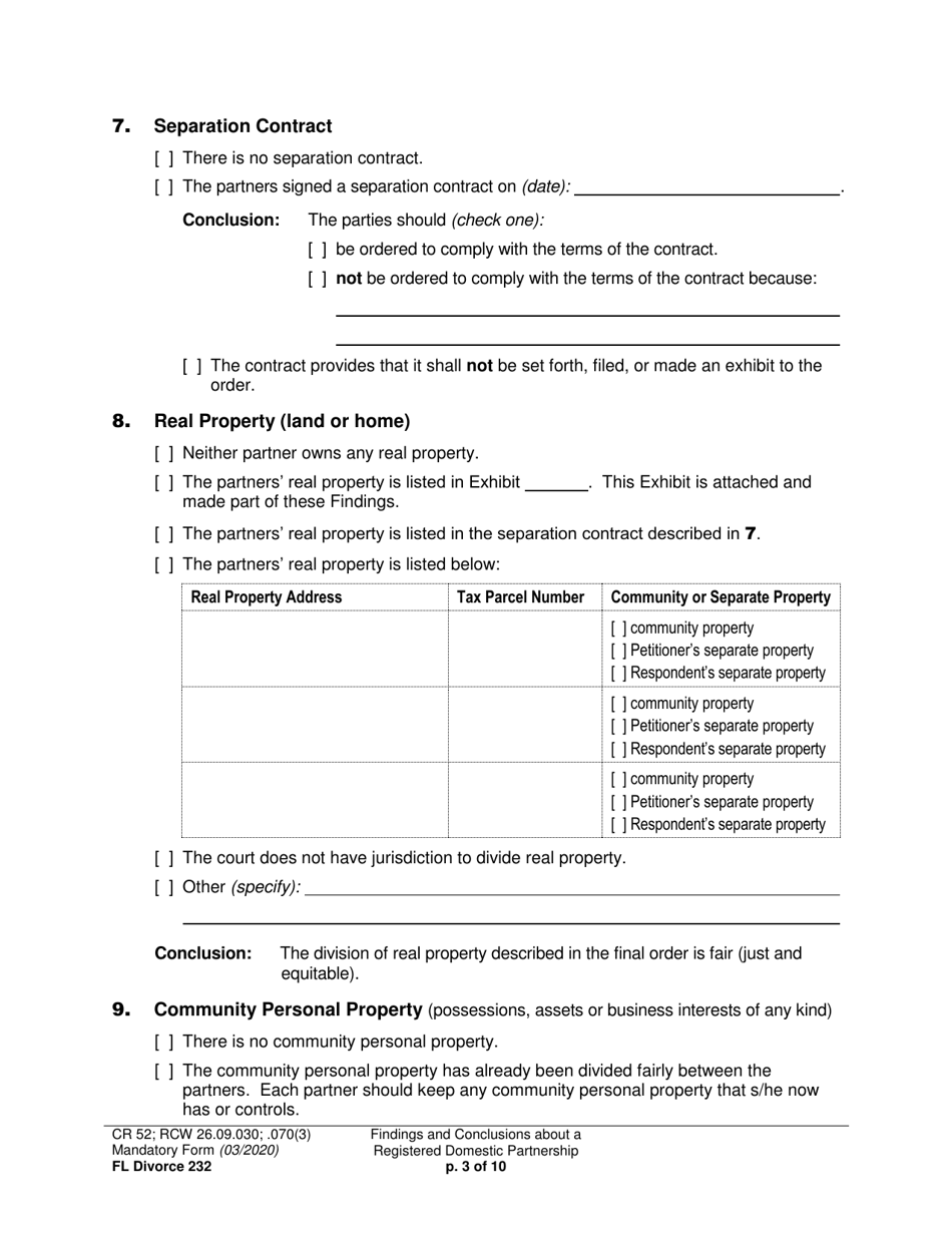 Form FL Divorce232 Findings and Conclusions About a Registered Domestic Partnership - Washington, Page 3