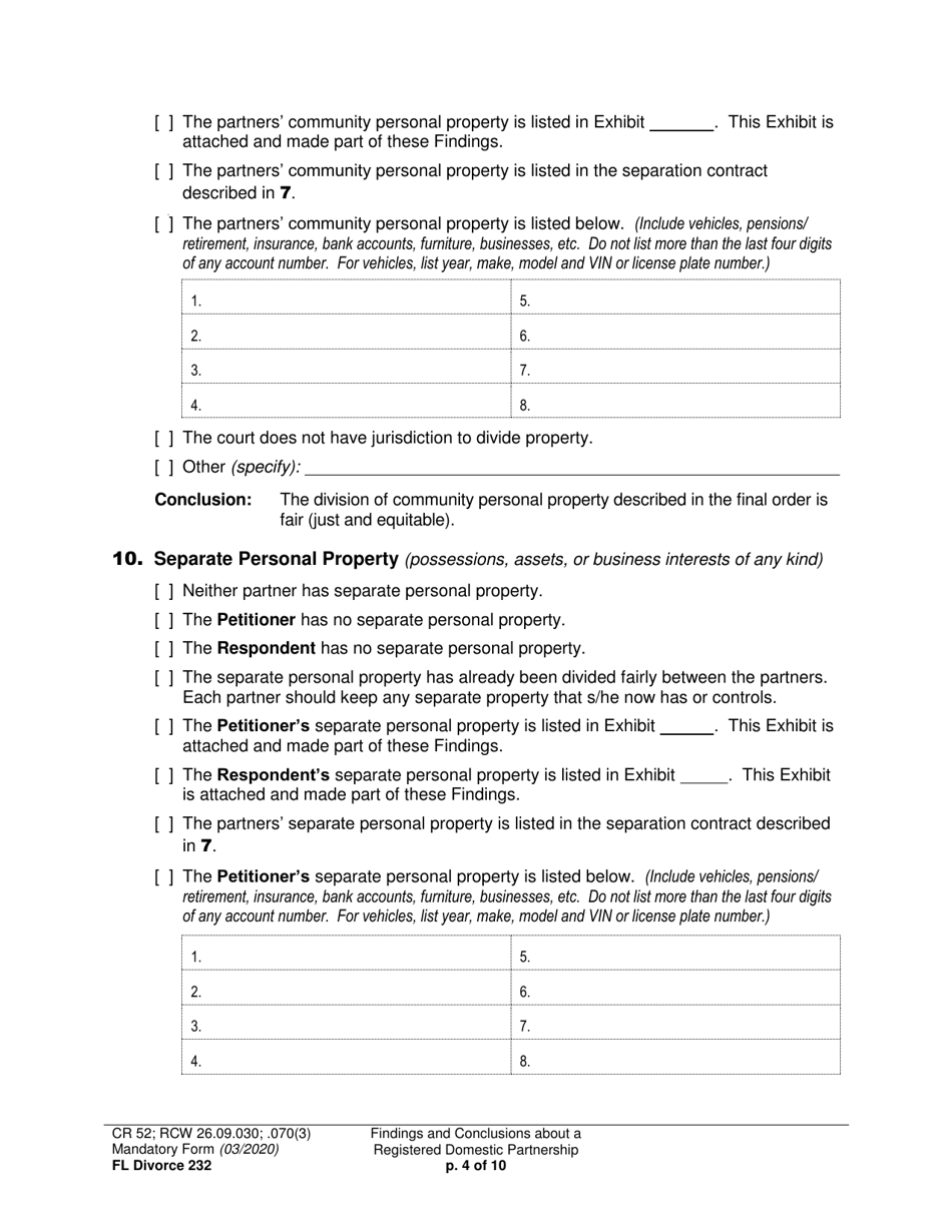 Form FL Divorce232 Findings and Conclusions About a Registered Domestic Partnership - Washington, Page 4