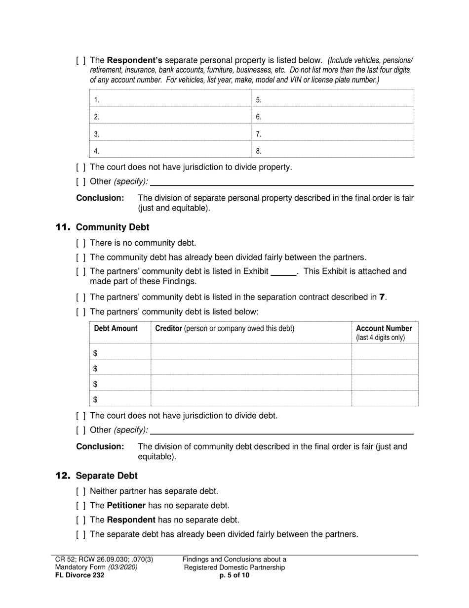 Form FL Divorce232 Findings and Conclusions About a Registered Domestic Partnership - Washington, Page 5