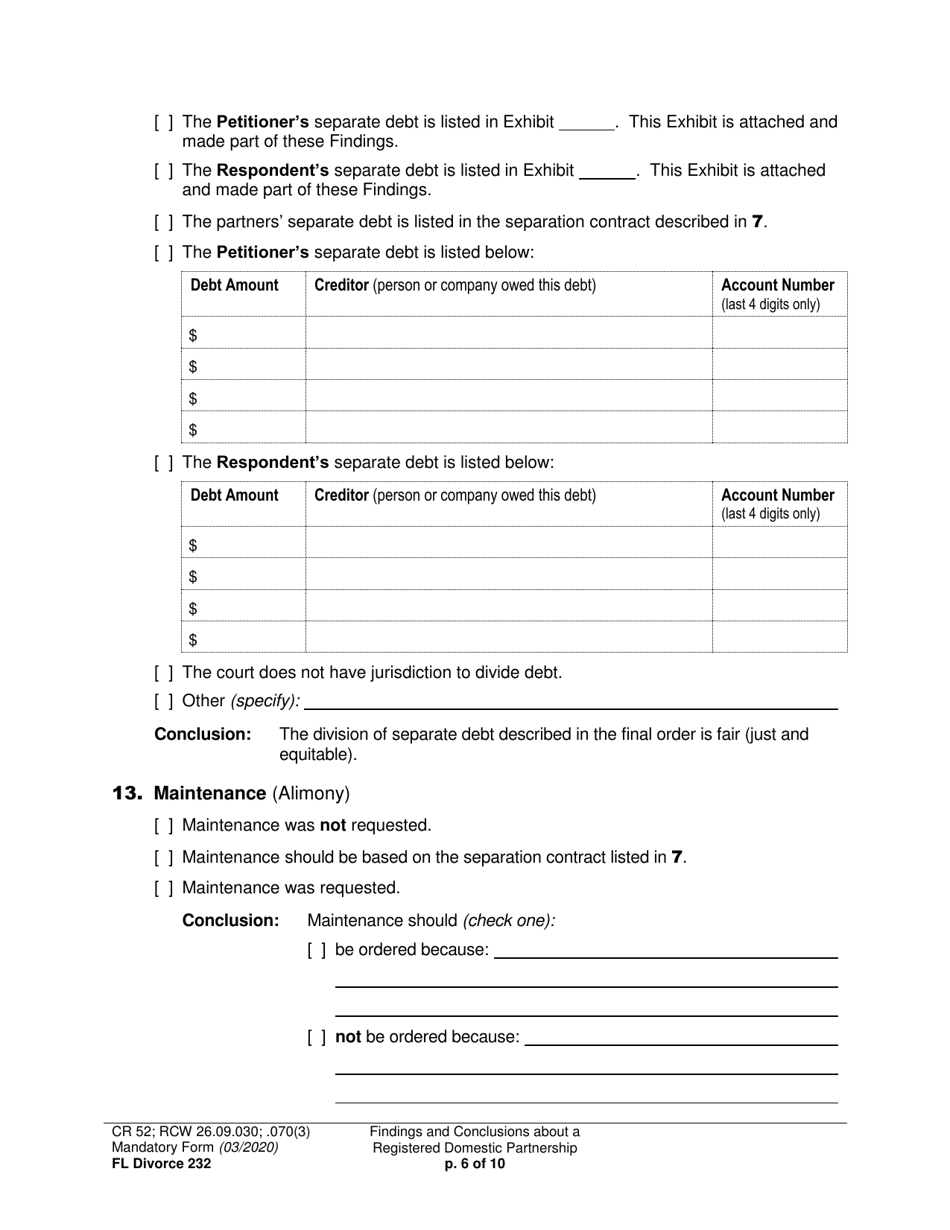 Form FL Divorce232 Findings and Conclusions About a Registered Domestic Partnership - Washington, Page 6