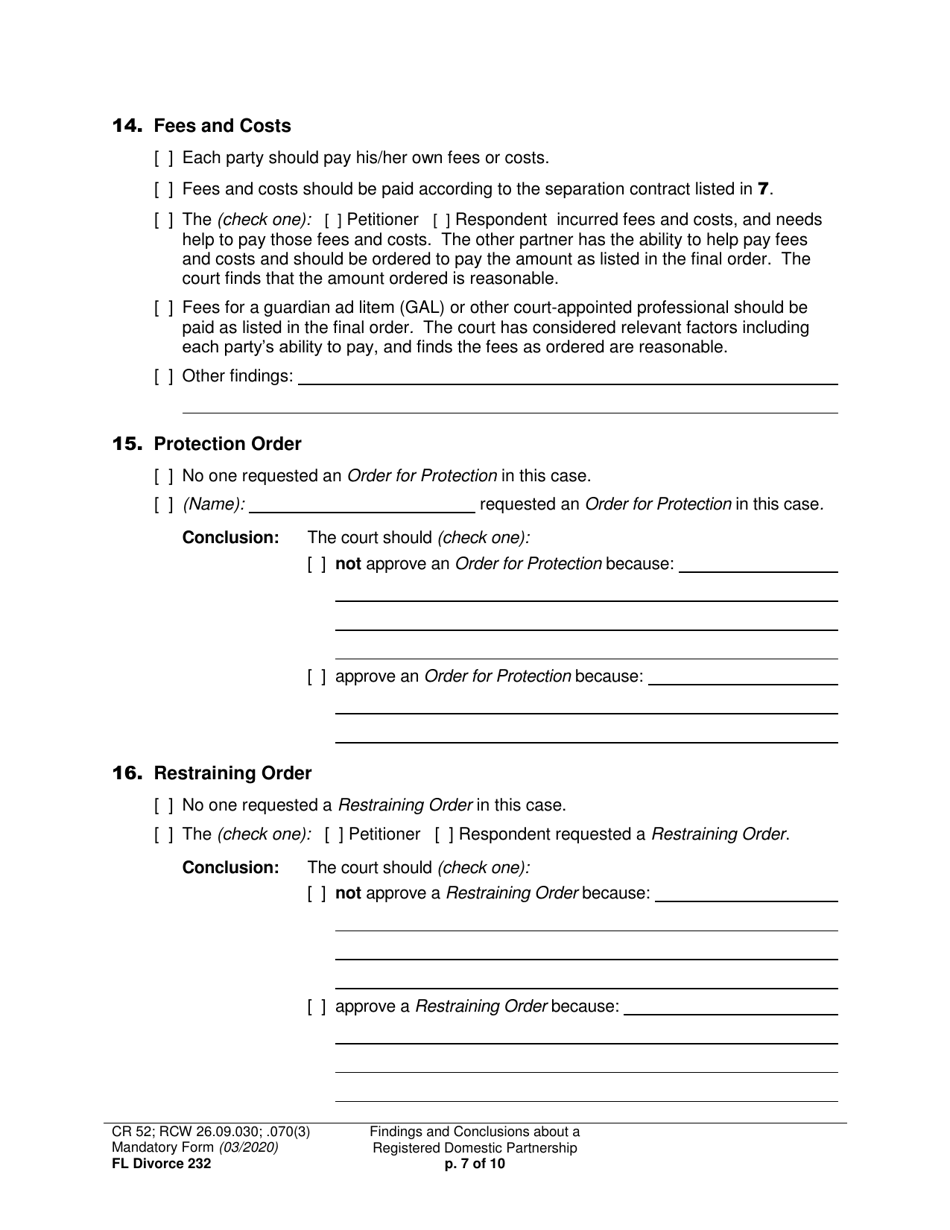 Form FL Divorce232 Findings and Conclusions About a Registered Domestic Partnership - Washington, Page 7
