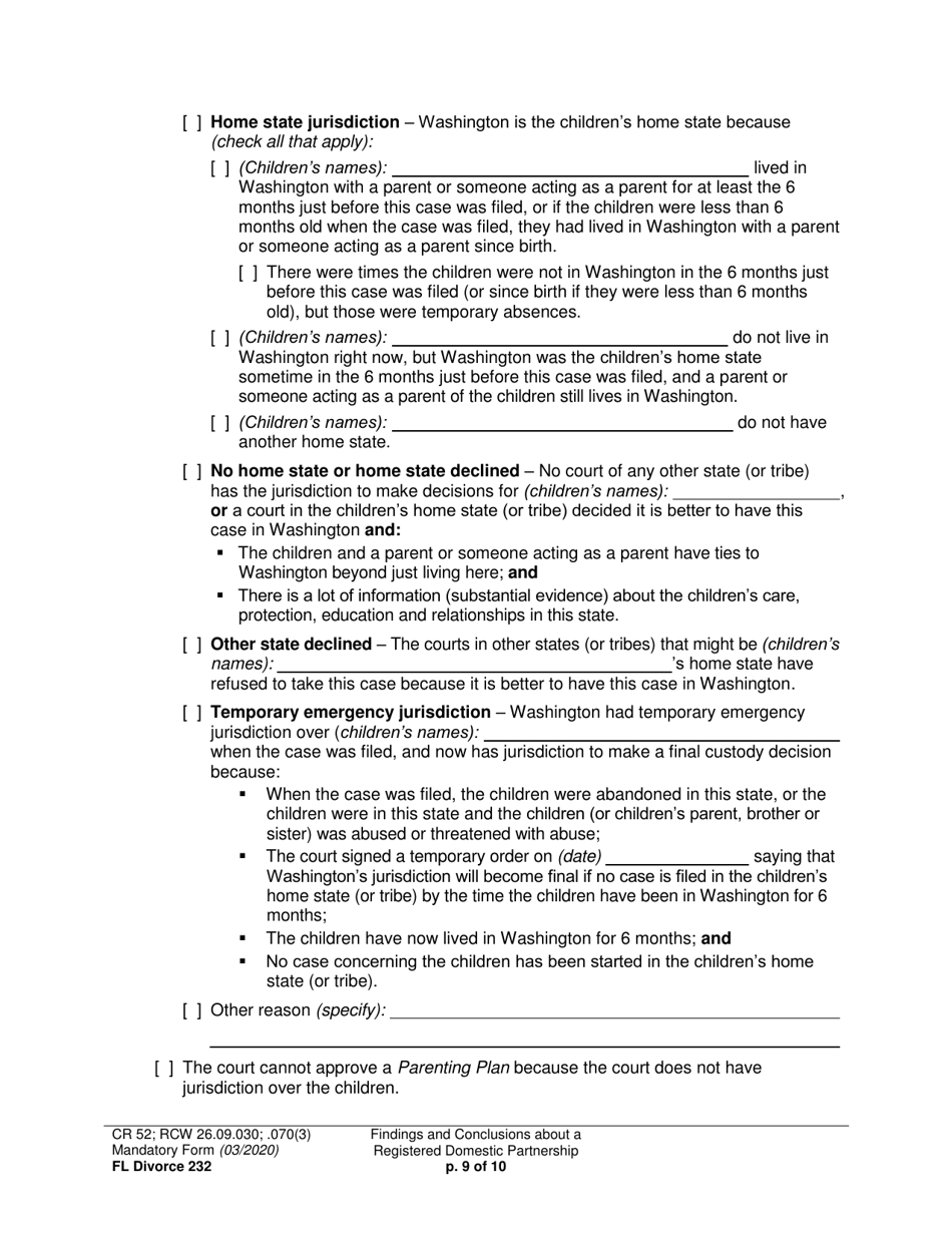 Form FL Divorce232 Findings and Conclusions About a Registered Domestic Partnership - Washington, Page 9