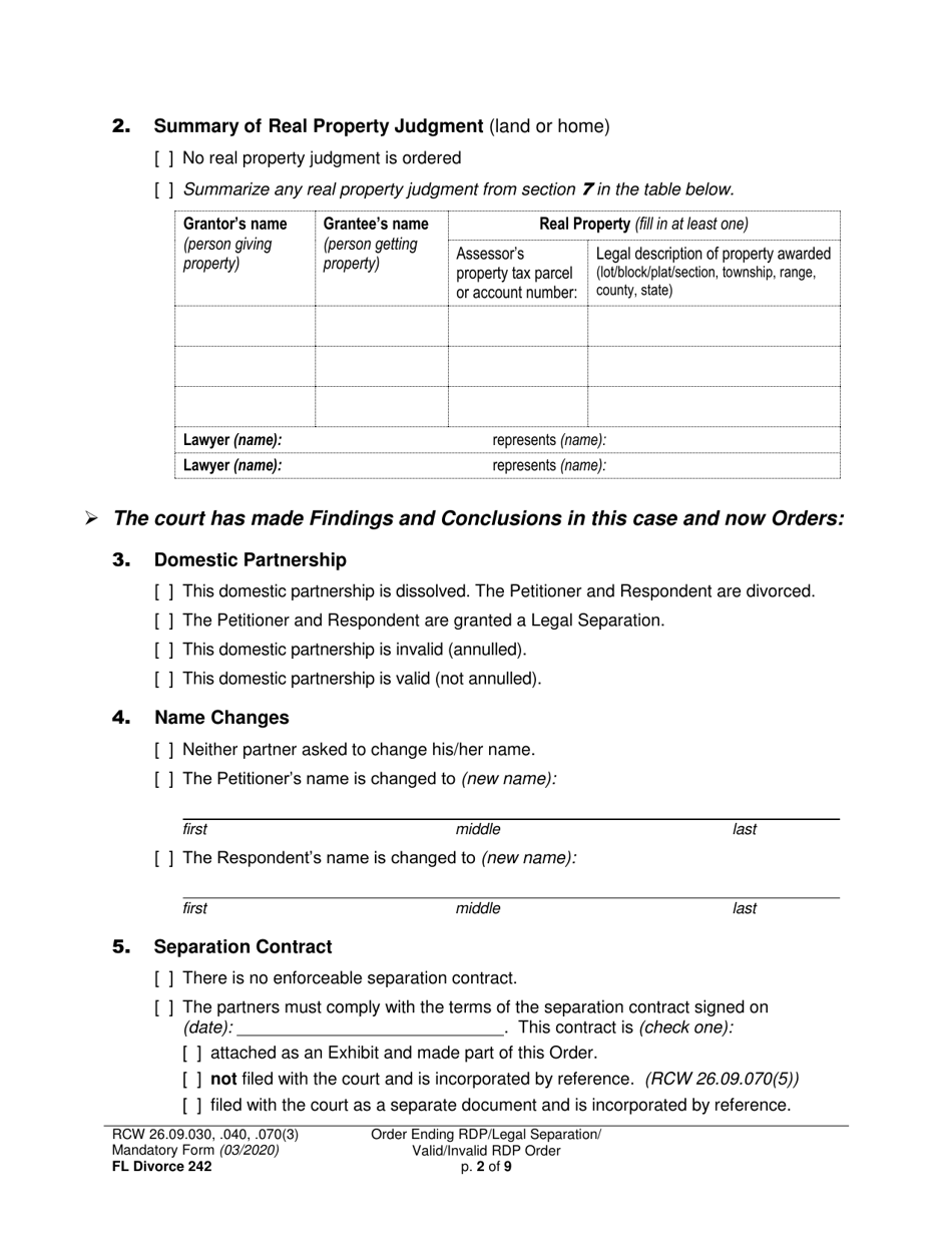 Form FL Divorce242 Final Order Ending Registered Domestic Partnership (Dissolution Decree) / Final Legal Separation Order / Invalid Registered Domestic Partnership Order (Annulment Decree) / Valid Registered Domestic Partnership Order - Washington, Page 2