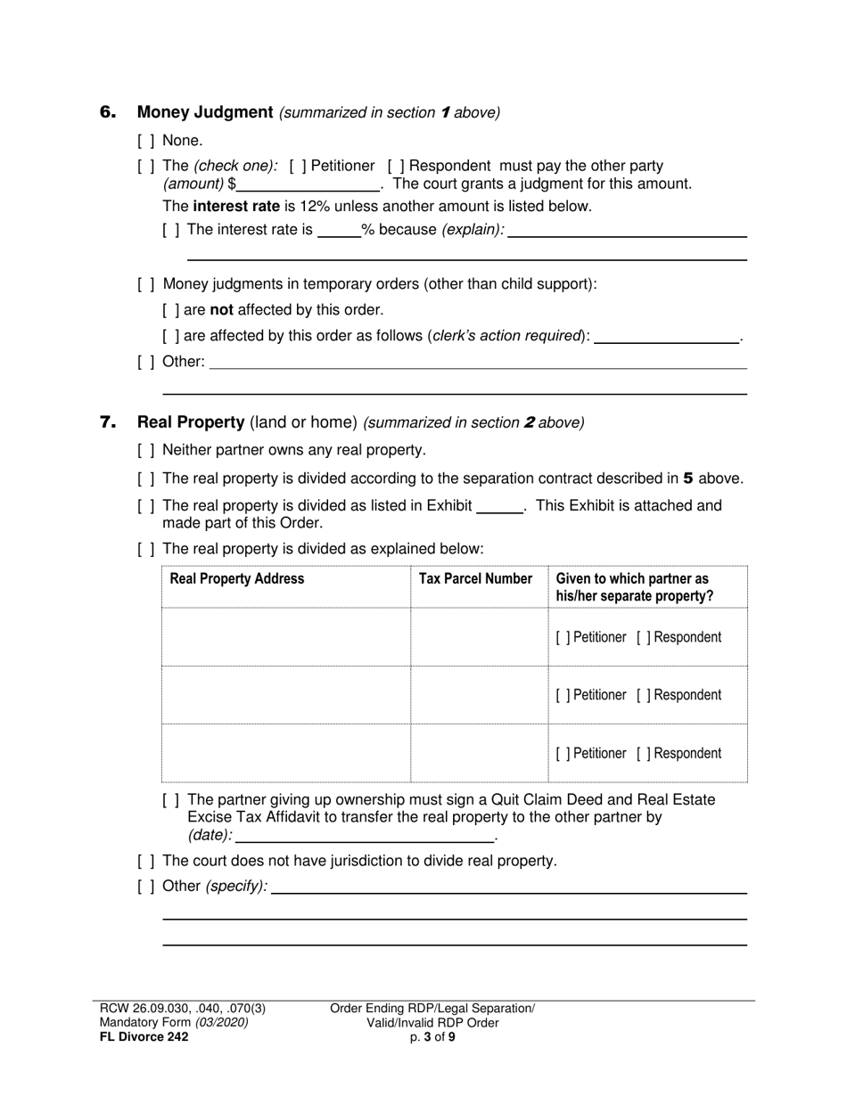 Form FL Divorce242 Final Order Ending Registered Domestic Partnership (Dissolution Decree) / Final Legal Separation Order / Invalid Registered Domestic Partnership Order (Annulment Decree) / Valid Registered Domestic Partnership Order - Washington, Page 3