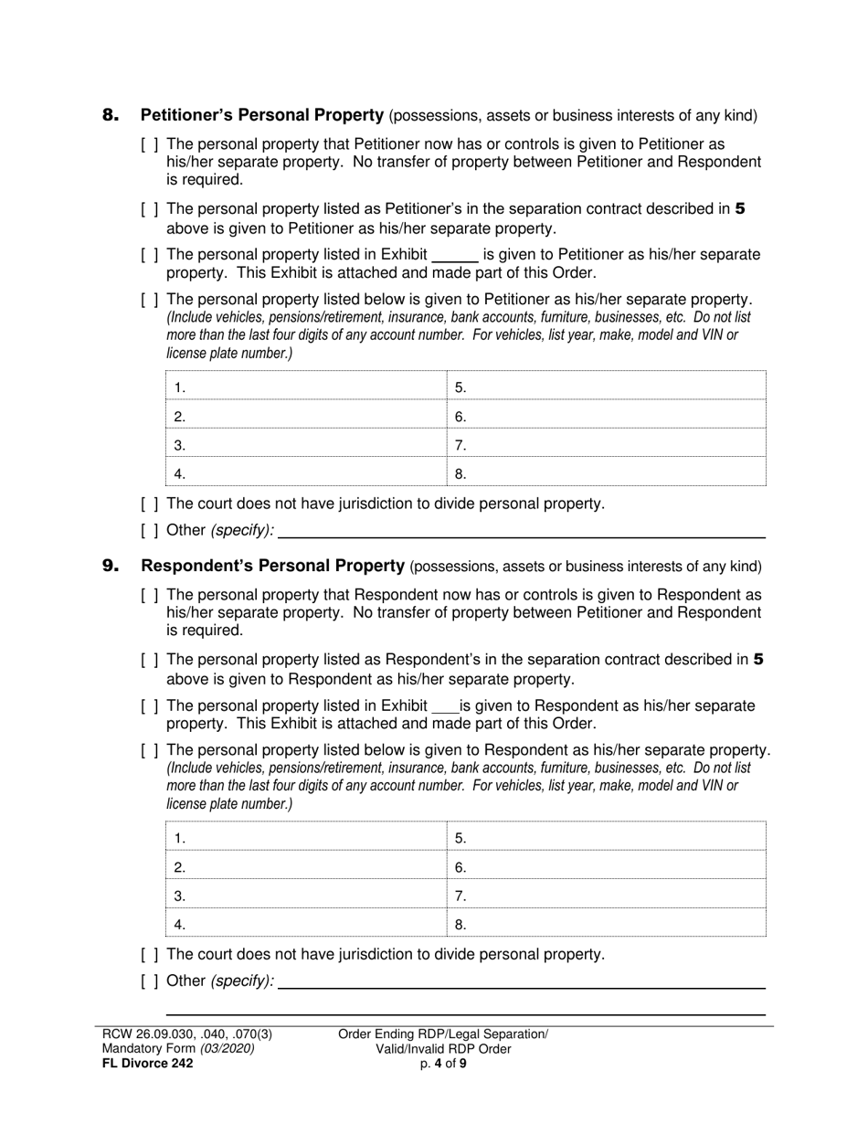 Form FL Divorce242 Final Order Ending Registered Domestic Partnership (Dissolution Decree) / Final Legal Separation Order / Invalid Registered Domestic Partnership Order (Annulment Decree) / Valid Registered Domestic Partnership Order - Washington, Page 4