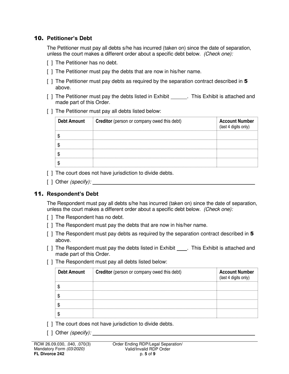 Form FL Divorce242 Final Order Ending Registered Domestic Partnership (Dissolution Decree) / Final Legal Separation Order / Invalid Registered Domestic Partnership Order (Annulment Decree) / Valid Registered Domestic Partnership Order - Washington, Page 5