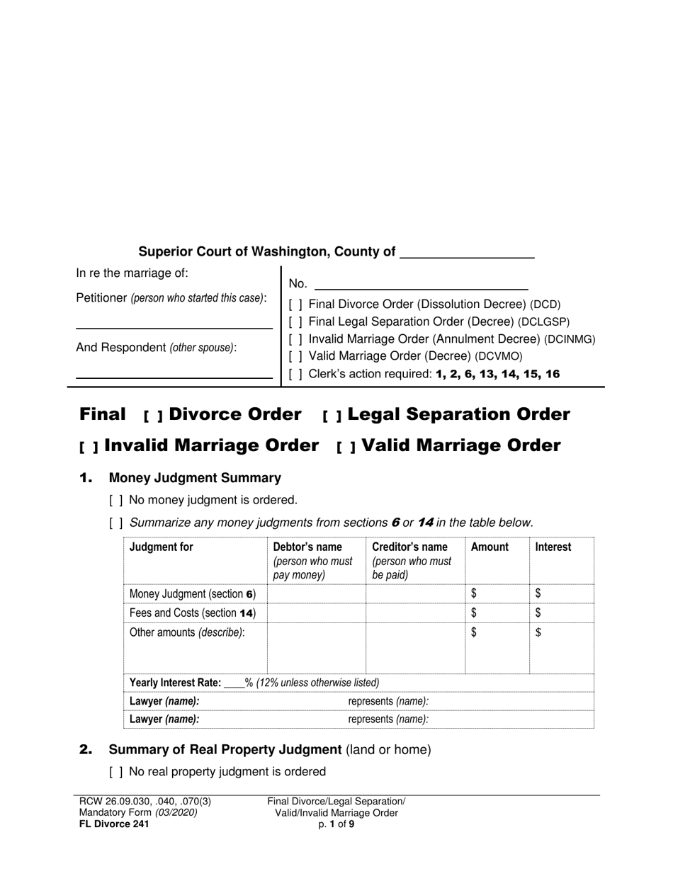 Form FL Divorce241 Final Divorce Order (Dissolution Decree) / Legal Separation Order (Decree) / Invalid Marriage Order (Annulment Decree) / Valid Marriage Order (Decree) - Washington, Page 1