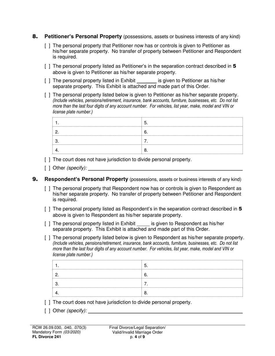 Form FL Divorce241 Final Divorce Order (Dissolution Decree) / Legal Separation Order (Decree) / Invalid Marriage Order (Annulment Decree) / Valid Marriage Order (Decree) - Washington, Page 4