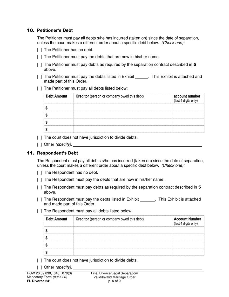 Form FL Divorce241 Final Divorce Order (Dissolution Decree) / Legal Separation Order (Decree) / Invalid Marriage Order (Annulment Decree) / Valid Marriage Order (Decree) - Washington, Page 5