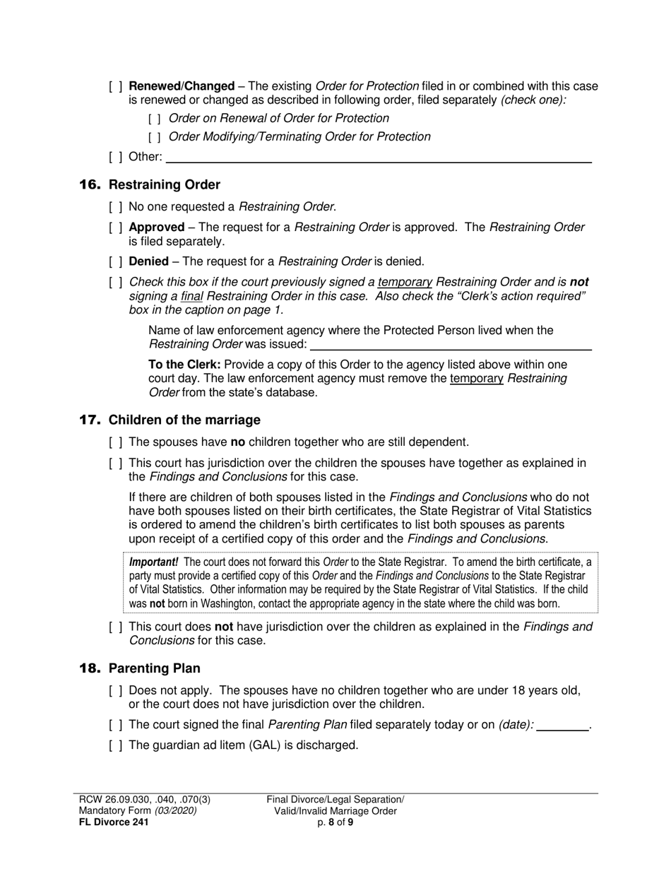 Form FL Divorce241 Final Divorce Order (Dissolution Decree) / Legal Separation Order (Decree) / Invalid Marriage Order (Annulment Decree) / Valid Marriage Order (Decree) - Washington, Page 8