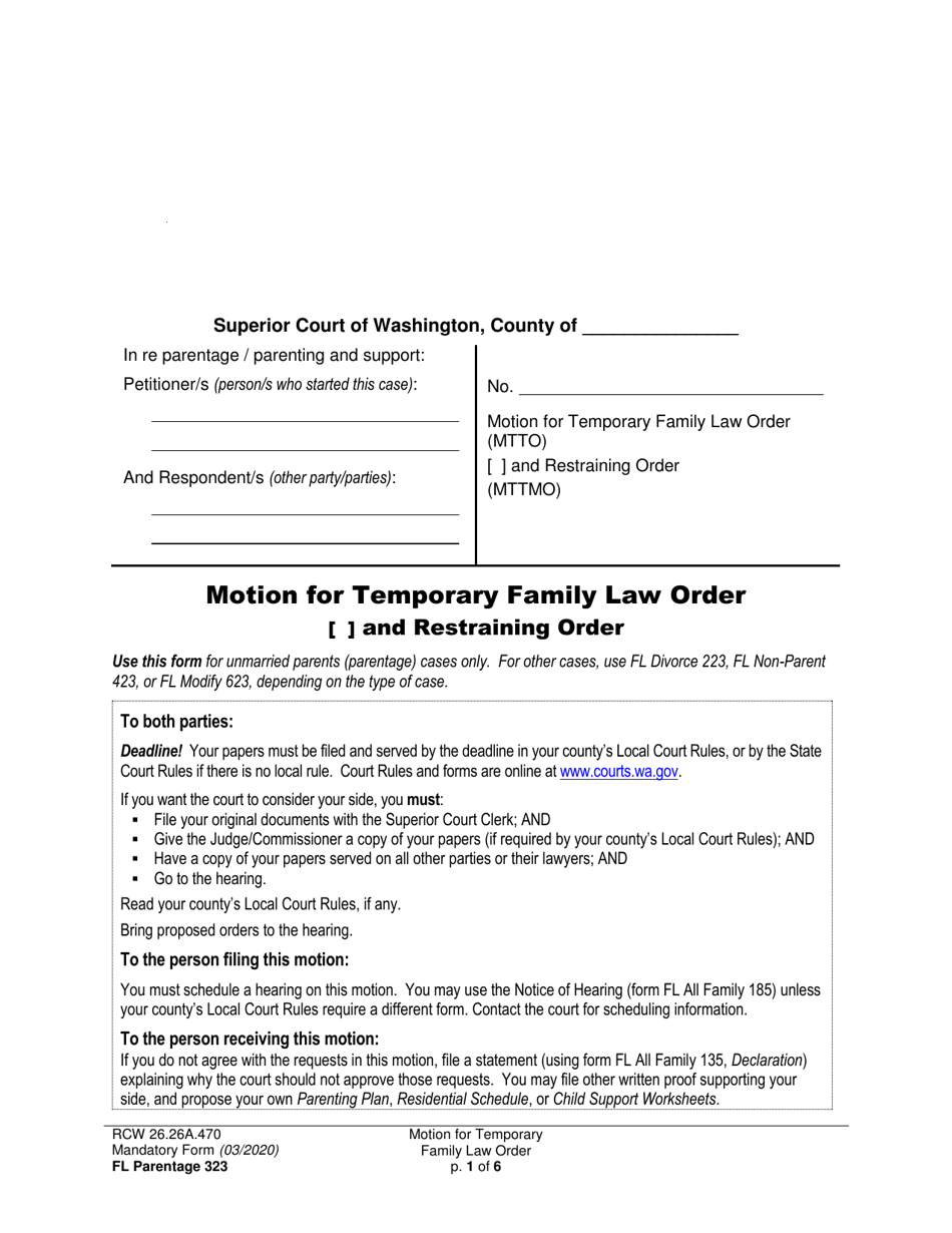 Form FL Parentage323 Motion for Temporary Family Law Order and Restraining Order - Washington, Page 1