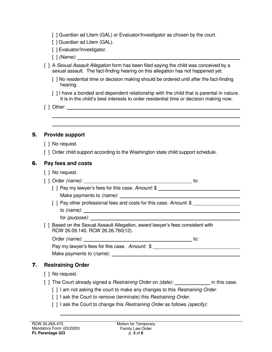 Form FL Parentage323 Motion for Temporary Family Law Order and Restraining Order - Washington, Page 3