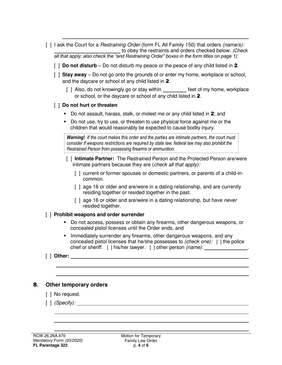 Form FL Parentage323 Motion for Temporary Family Law Order and Restraining Order - Washington, Page 4