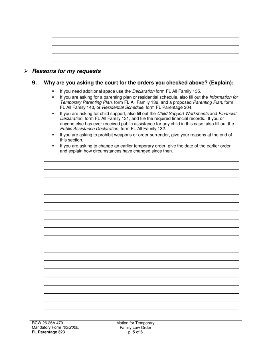 Form FL Parentage323 Motion for Temporary Family Law Order and Restraining Order - Washington, Page 5