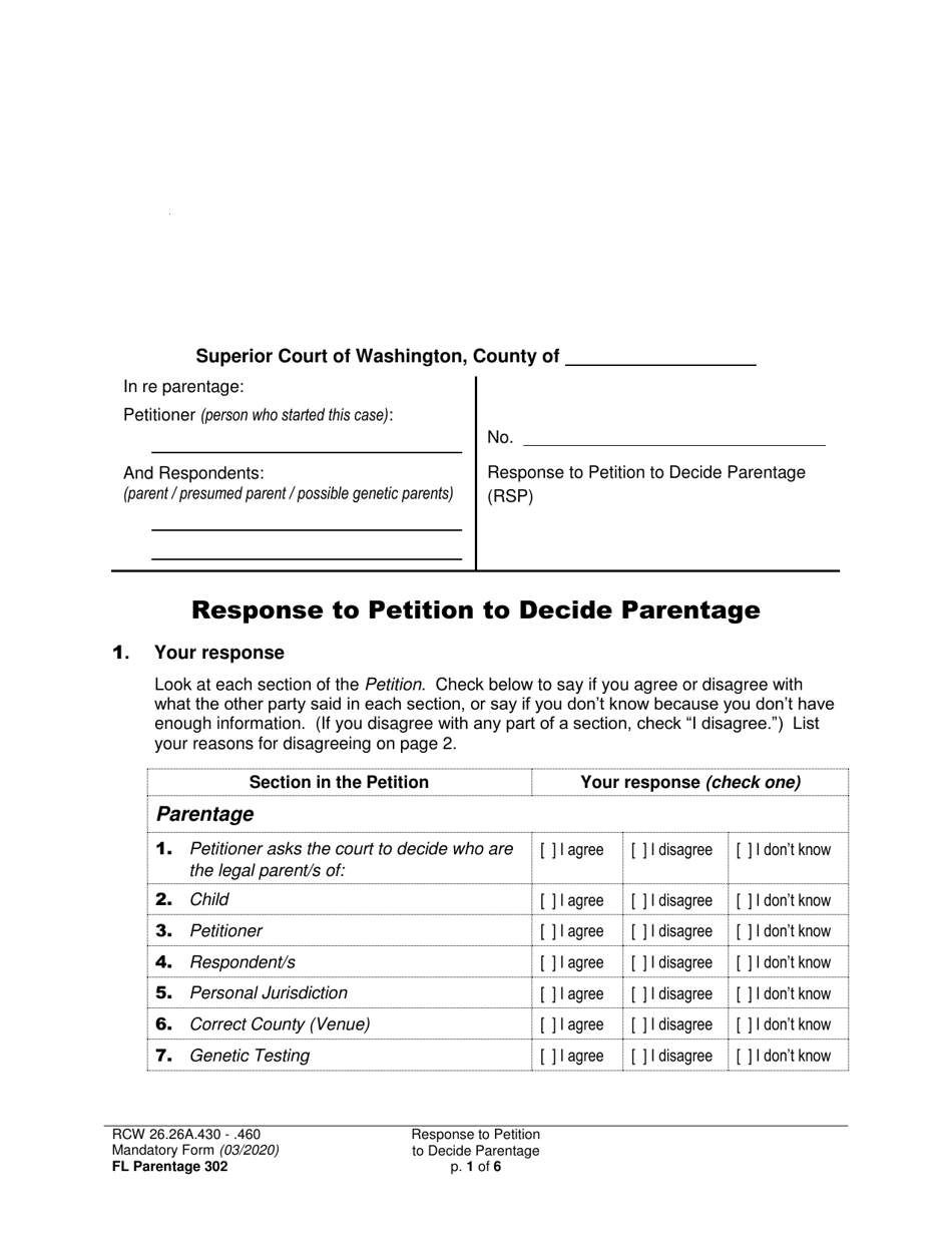 Form FL Parentage302 Response to Petition to Decide Parentage - Washington, Page 1