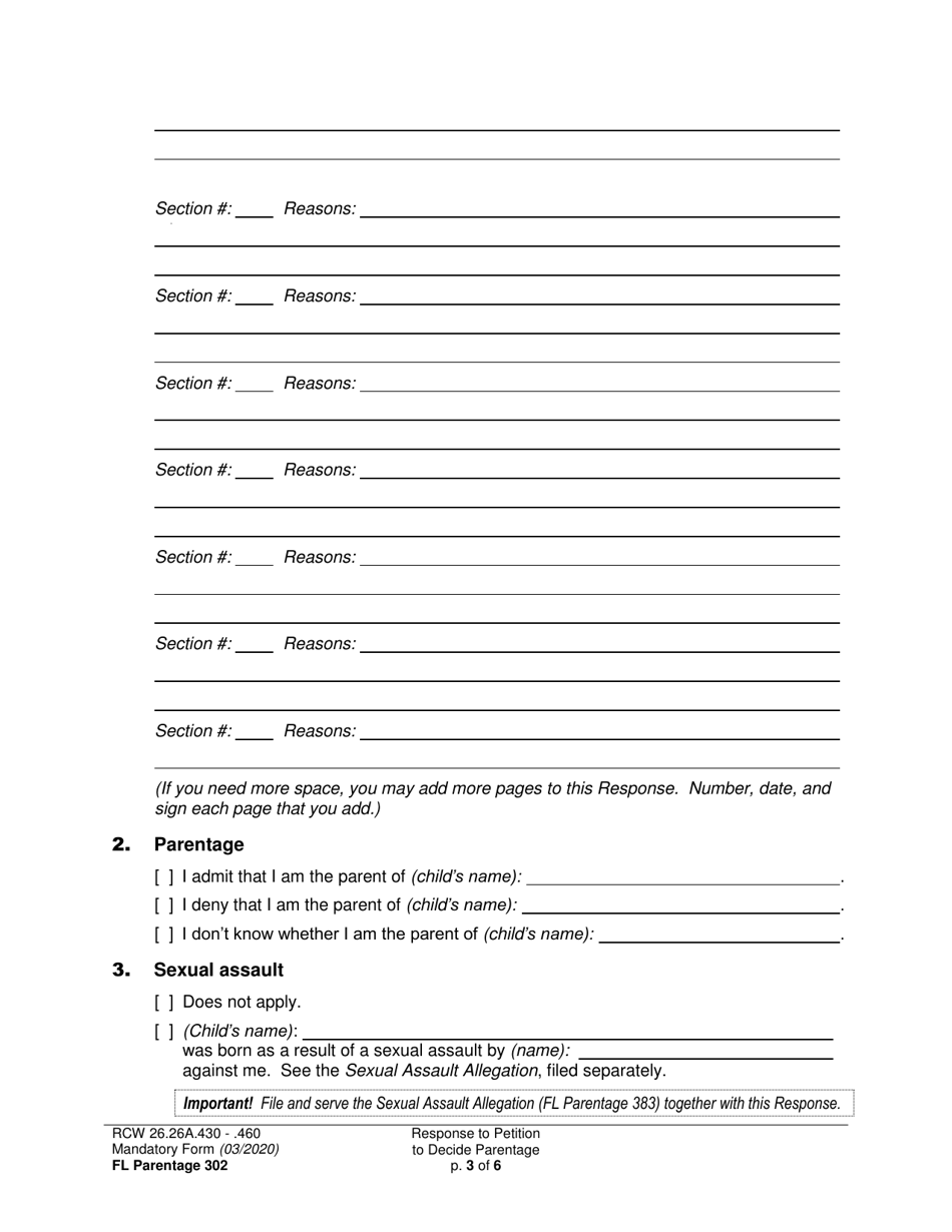 Form FL Parentage302 Response to Petition to Decide Parentage - Washington, Page 3