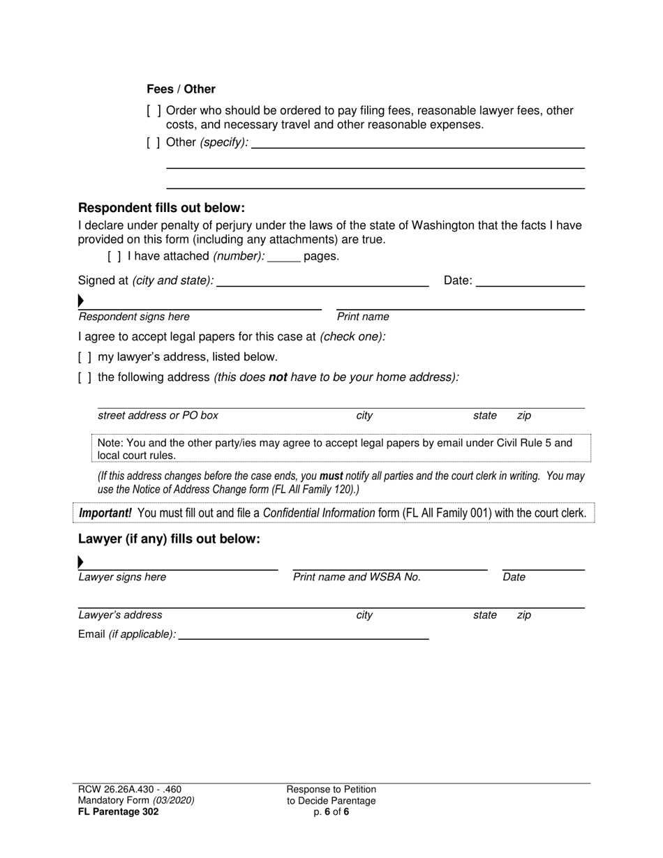 Form FL Parentage302 Response to Petition to Decide Parentage - Washington, Page 6