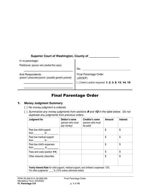 Form FL Parentage316  Printable Pdf