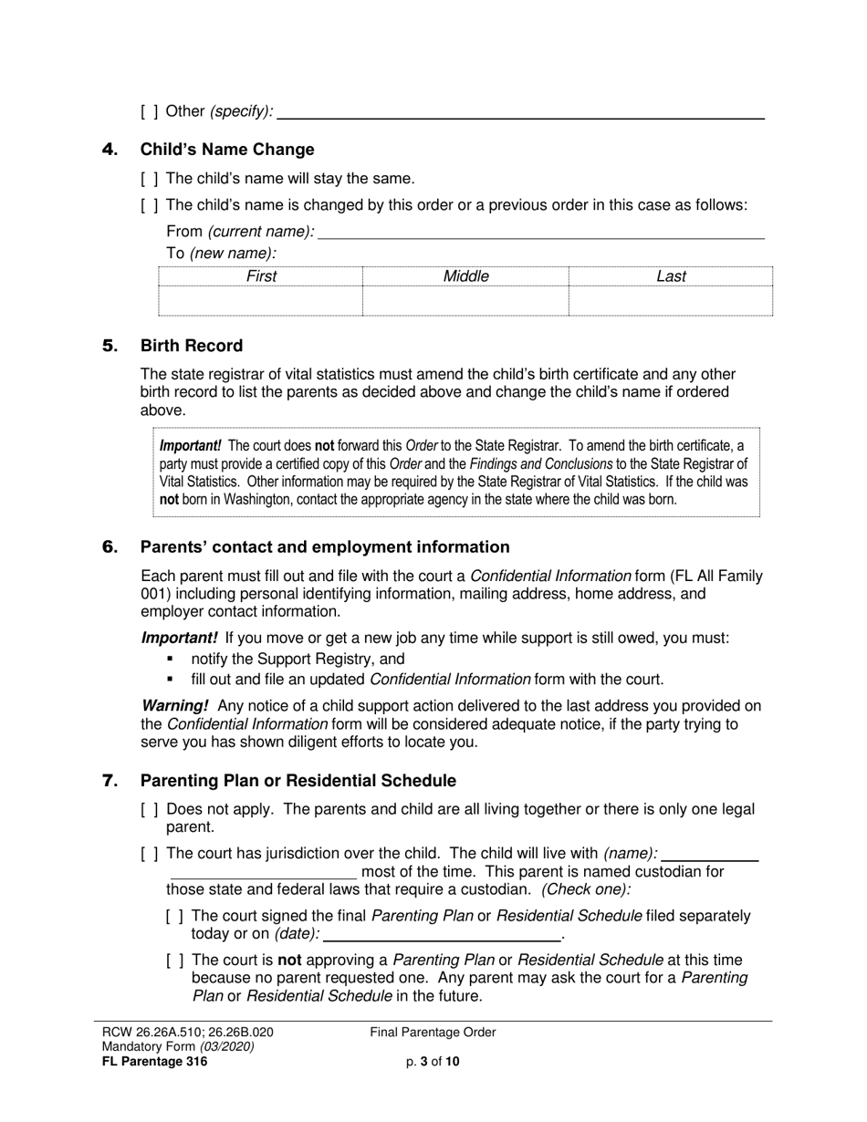 Form FL Parentage316 Final Parentage Order - Washington, Page 3