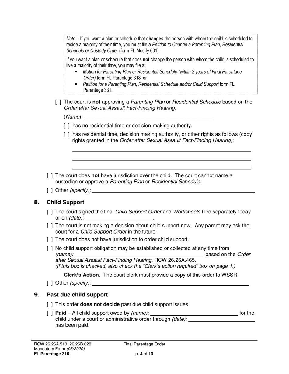 Form FL Parentage316 Final Parentage Order - Washington, Page 4