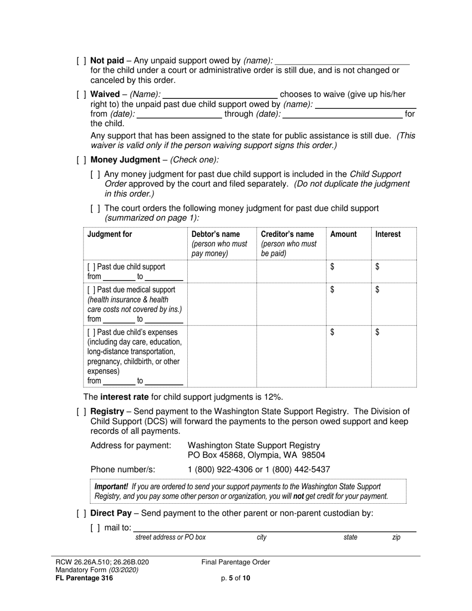 Form FL Parentage316 Final Parentage Order - Washington, Page 5