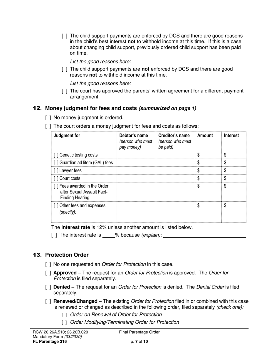 Form FL Parentage316 Final Parentage Order - Washington, Page 7