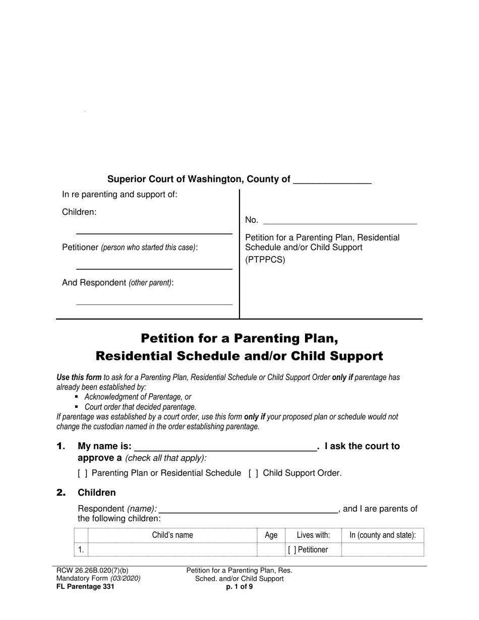 Form FL Parentage331 Petition for a Parenting Plan, Residential Schedule and / or Child Support - Washington, Page 1