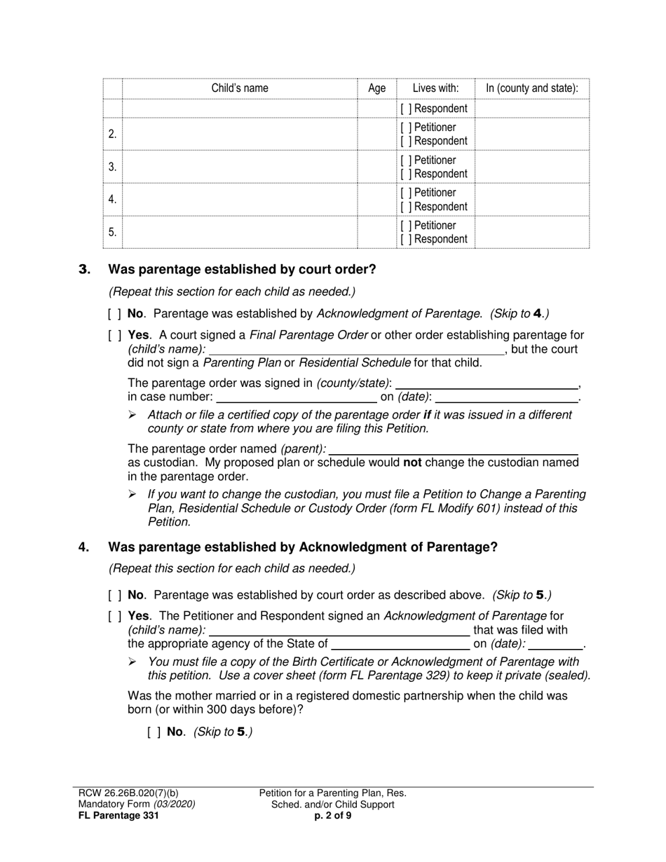 Form FL Parentage331 Petition for a Parenting Plan, Residential Schedule and / or Child Support - Washington, Page 2