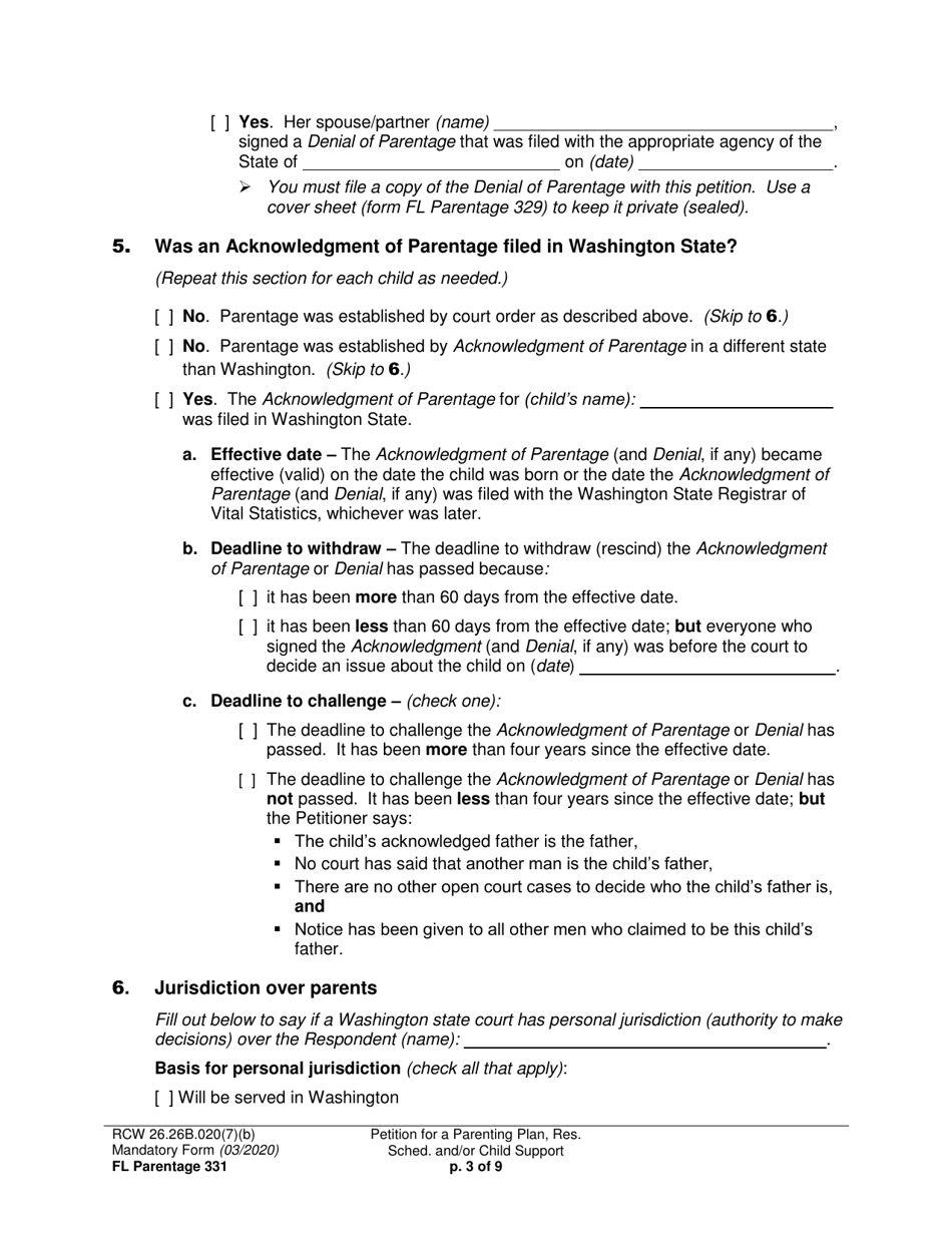 Form FL Parentage331 Petition for a Parenting Plan, Residential Schedule and / or Child Support - Washington, Page 3