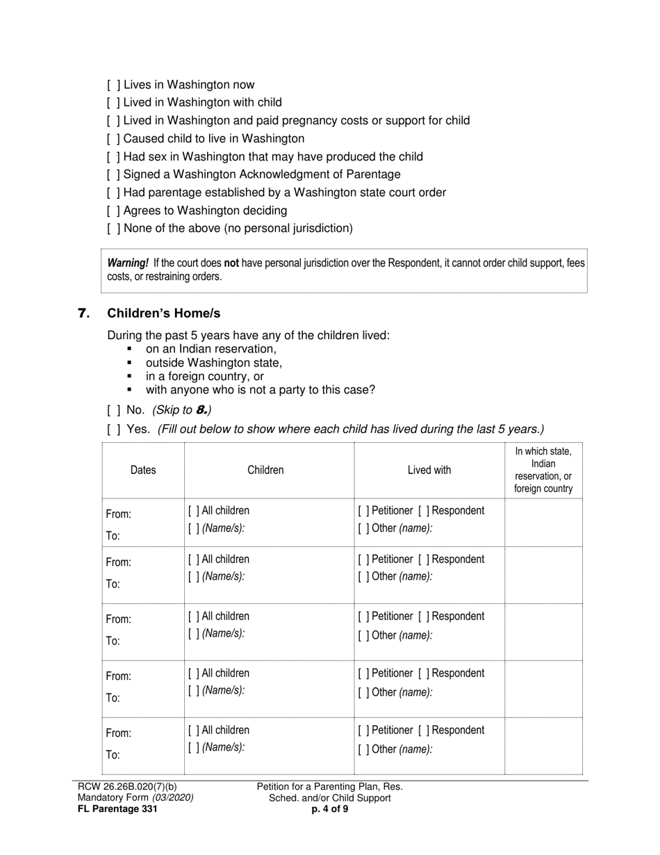 Form FL Parentage331 Petition for a Parenting Plan, Residential Schedule and / or Child Support - Washington, Page 4