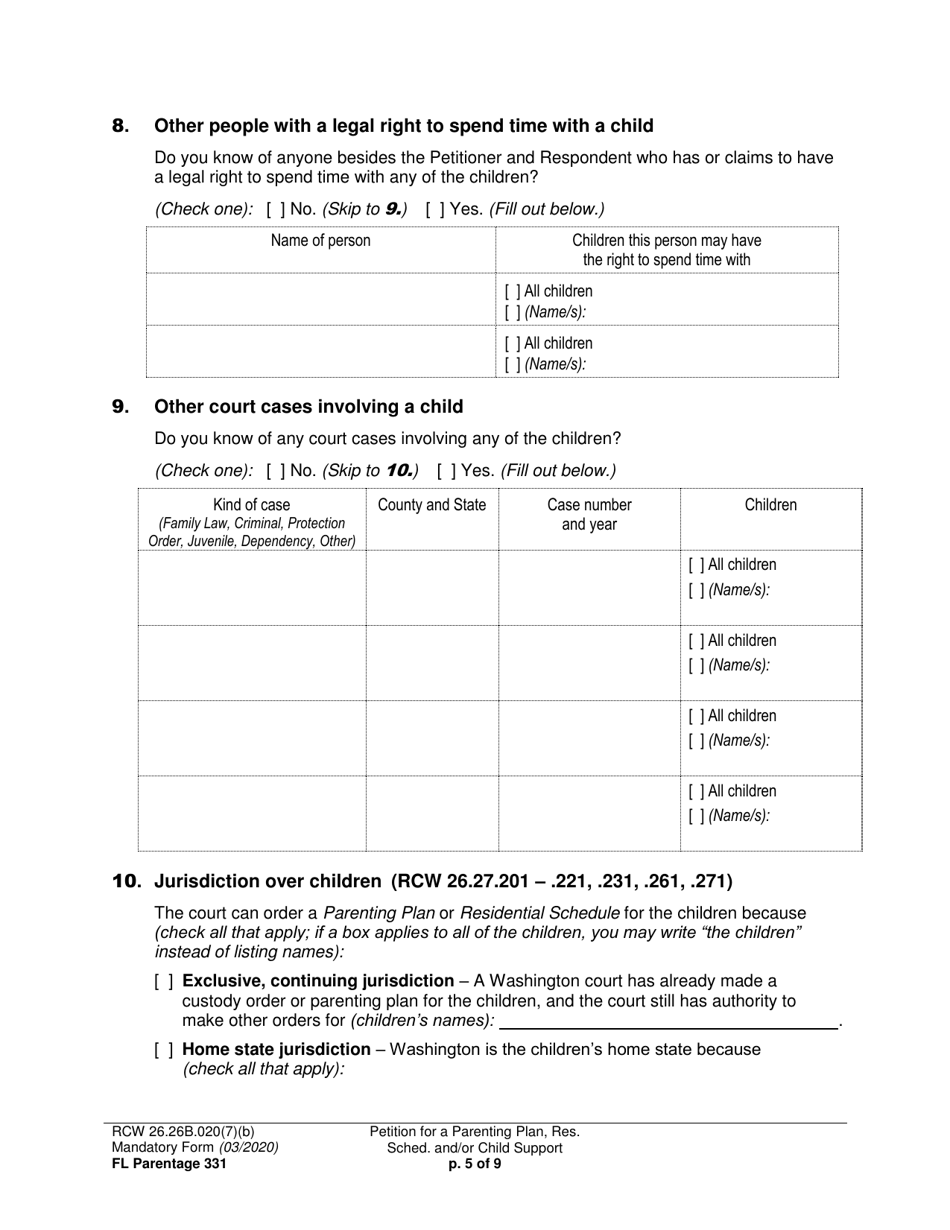 Form FL Parentage331 Petition for a Parenting Plan, Residential Schedule and / or Child Support - Washington, Page 5