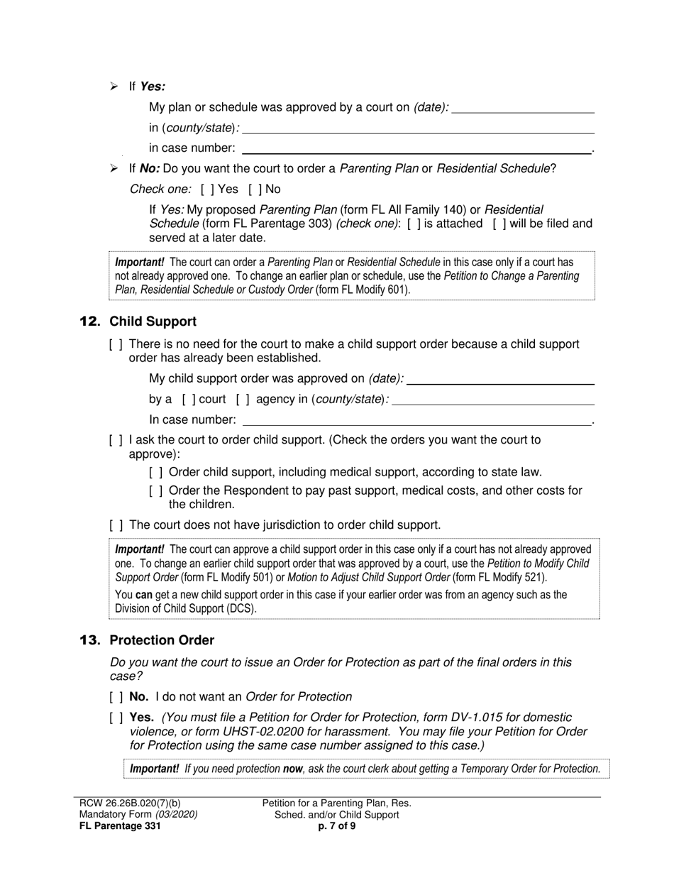 Form FL Parentage331 Petition for a Parenting Plan, Residential Schedule and / or Child Support - Washington, Page 7