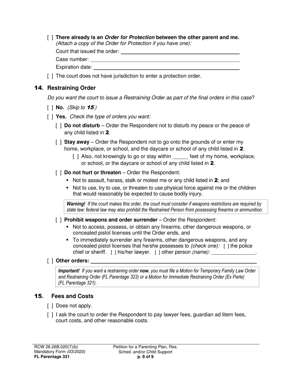 Form FL Parentage331 Petition for a Parenting Plan, Residential Schedule and / or Child Support - Washington, Page 8