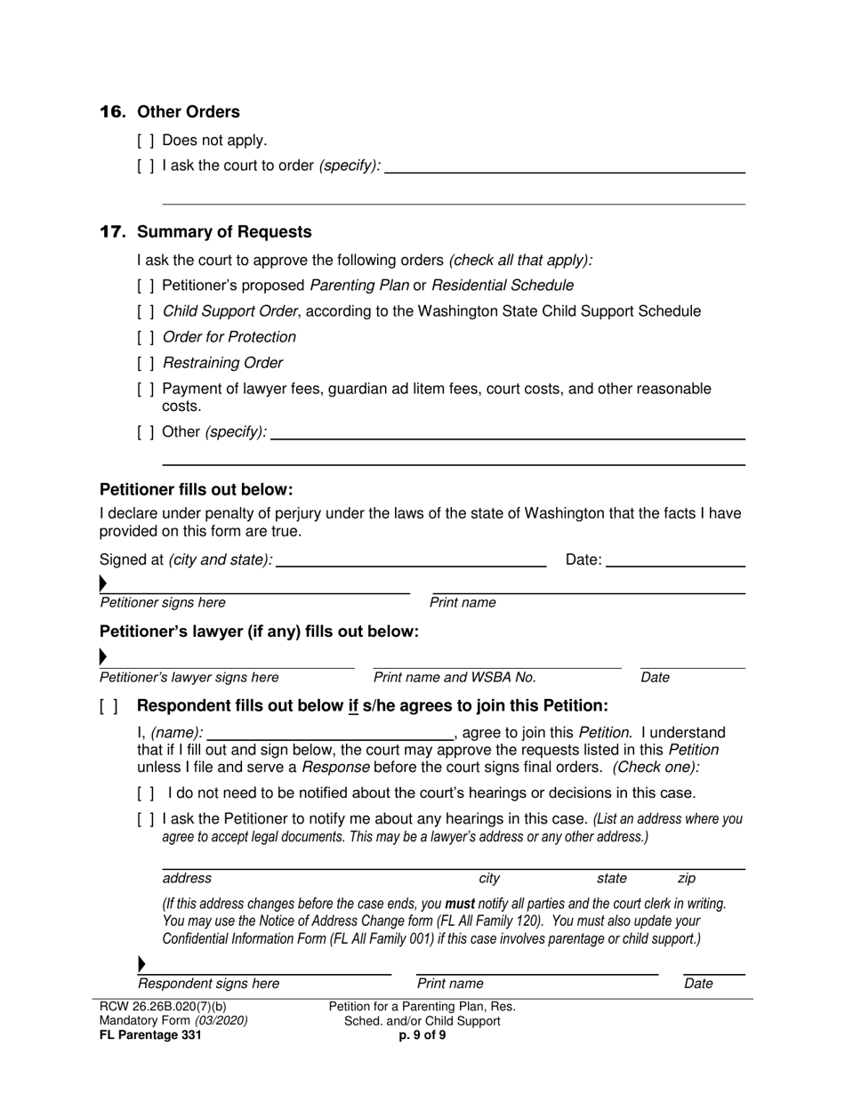 Form FL Parentage331 Petition for a Parenting Plan, Residential Schedule and / or Child Support - Washington, Page 9