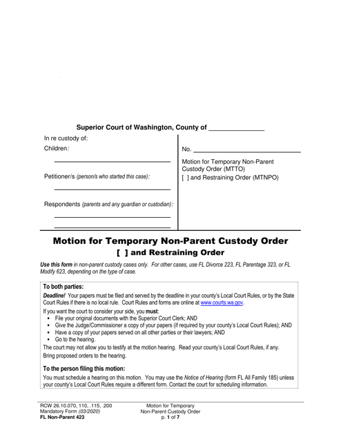 Form FL Non-Parent423 Motion for Temporary Non-parent Custody Order and Restraining Order - Washington
