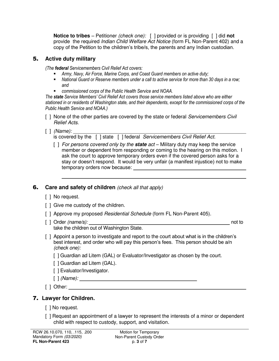 Form FL Non-Parent423 Motion for Temporary Non-parent Custody Order and Restraining Order - Washington, Page 3
