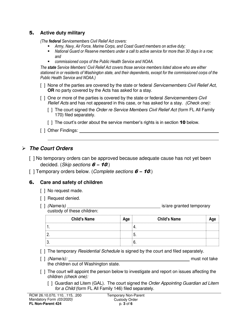 Form FL Non-Parent424 Temporary Non-parent Custody Order - Washington, Page 3