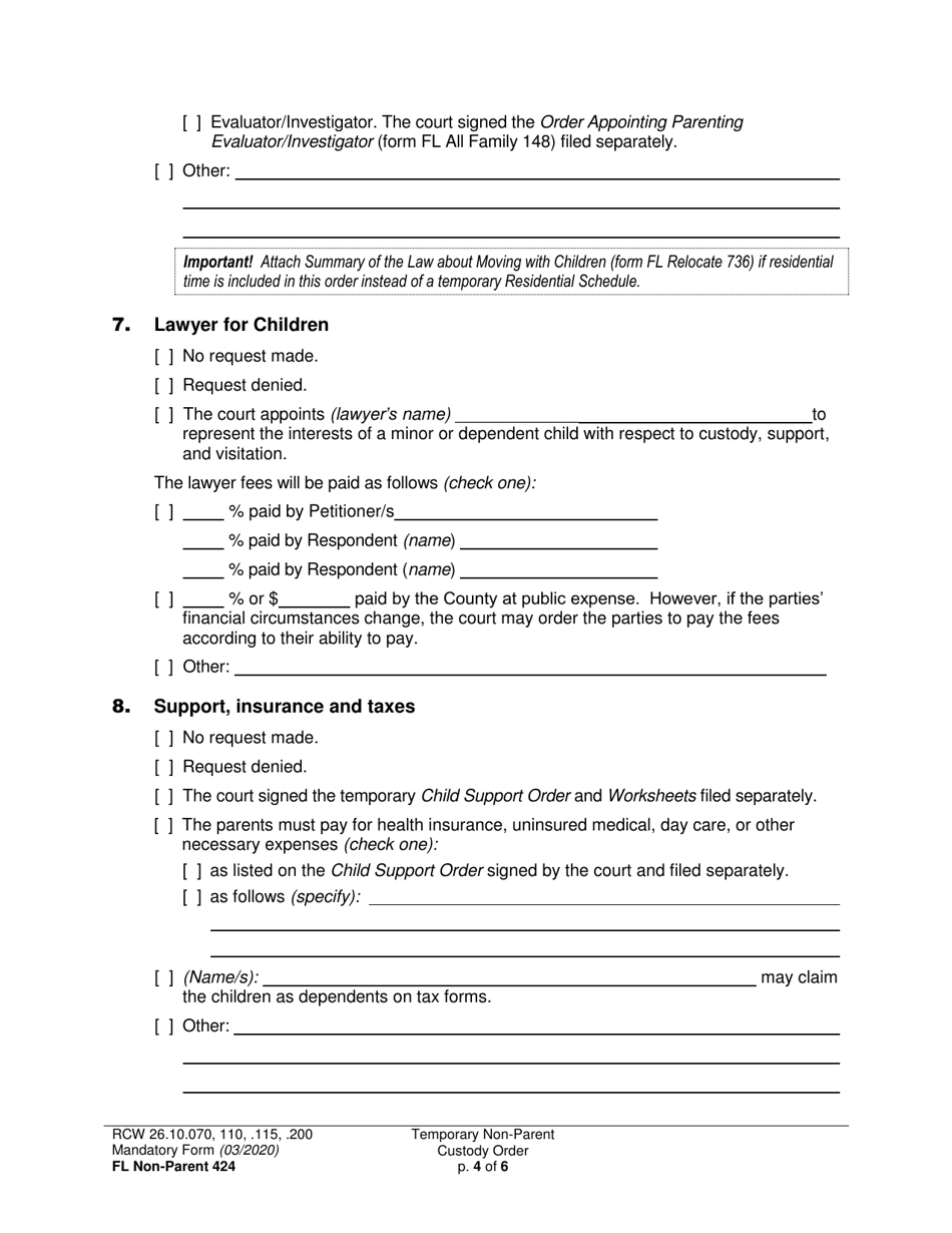 Form FL Non-Parent424 Temporary Non-parent Custody Order - Washington, Page 4