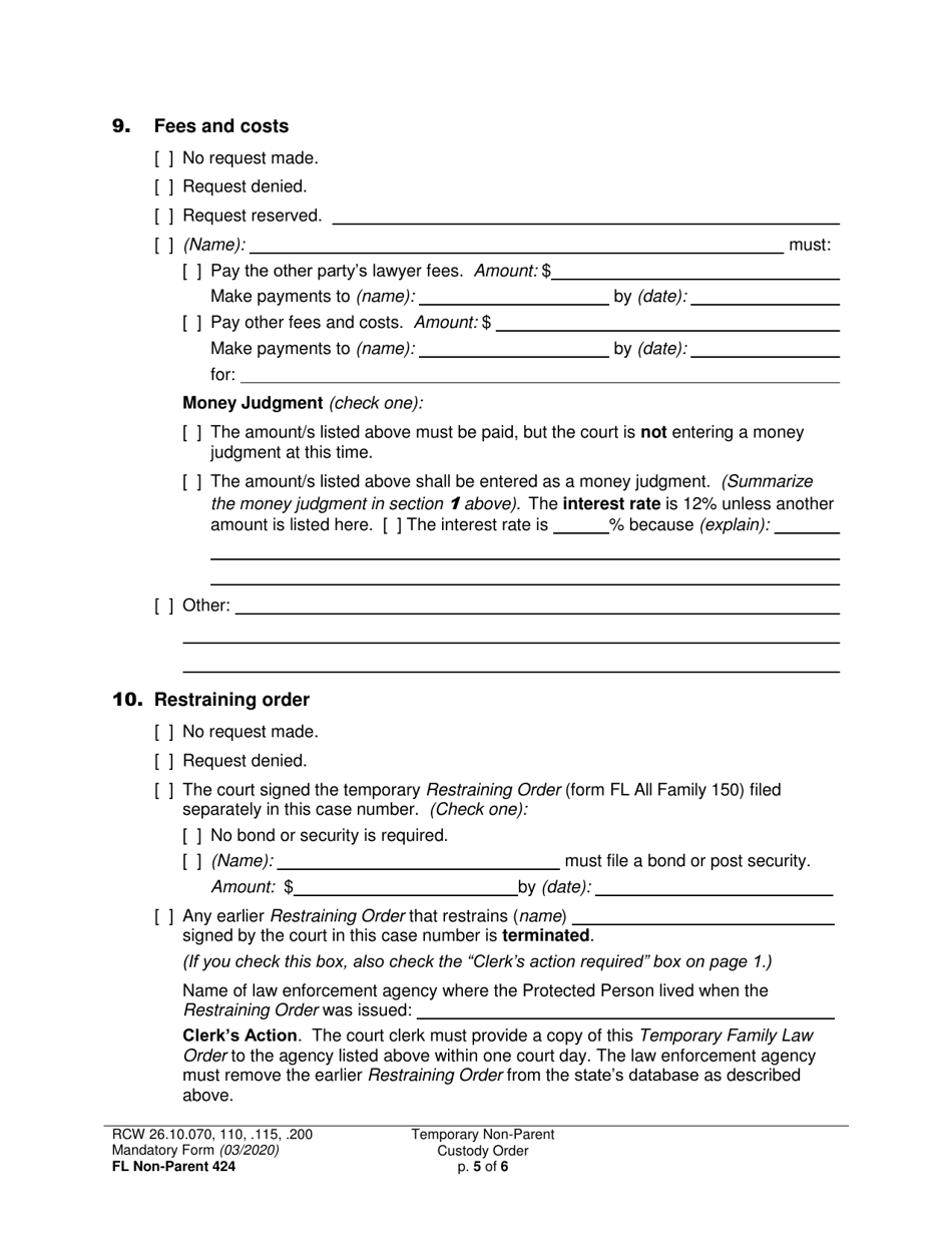 Form FL Non-Parent424 Temporary Non-parent Custody Order - Washington, Page 5