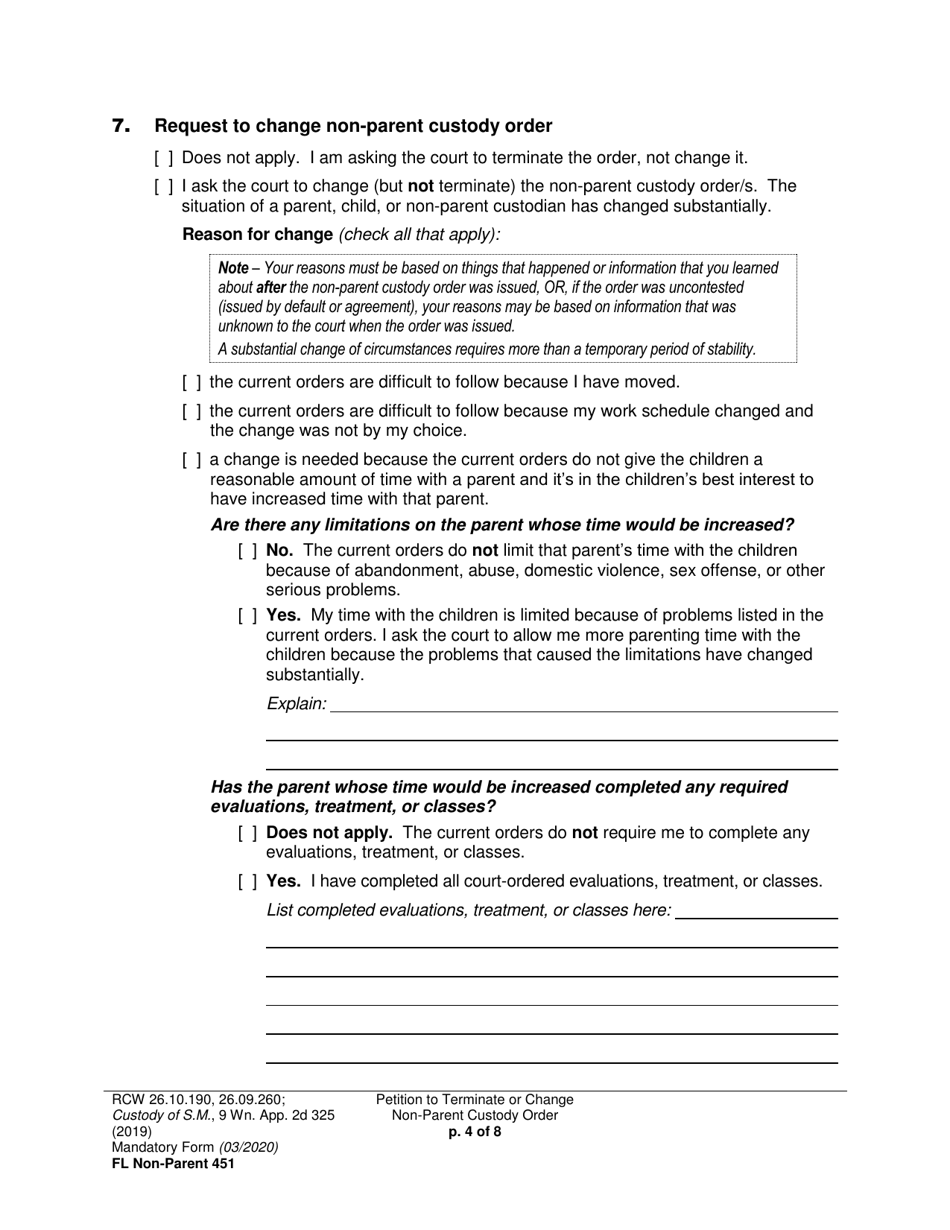 Form FL Non-Parent451 Petition to Terminate or Change Non-parent Custody Order - Washington, Page 4