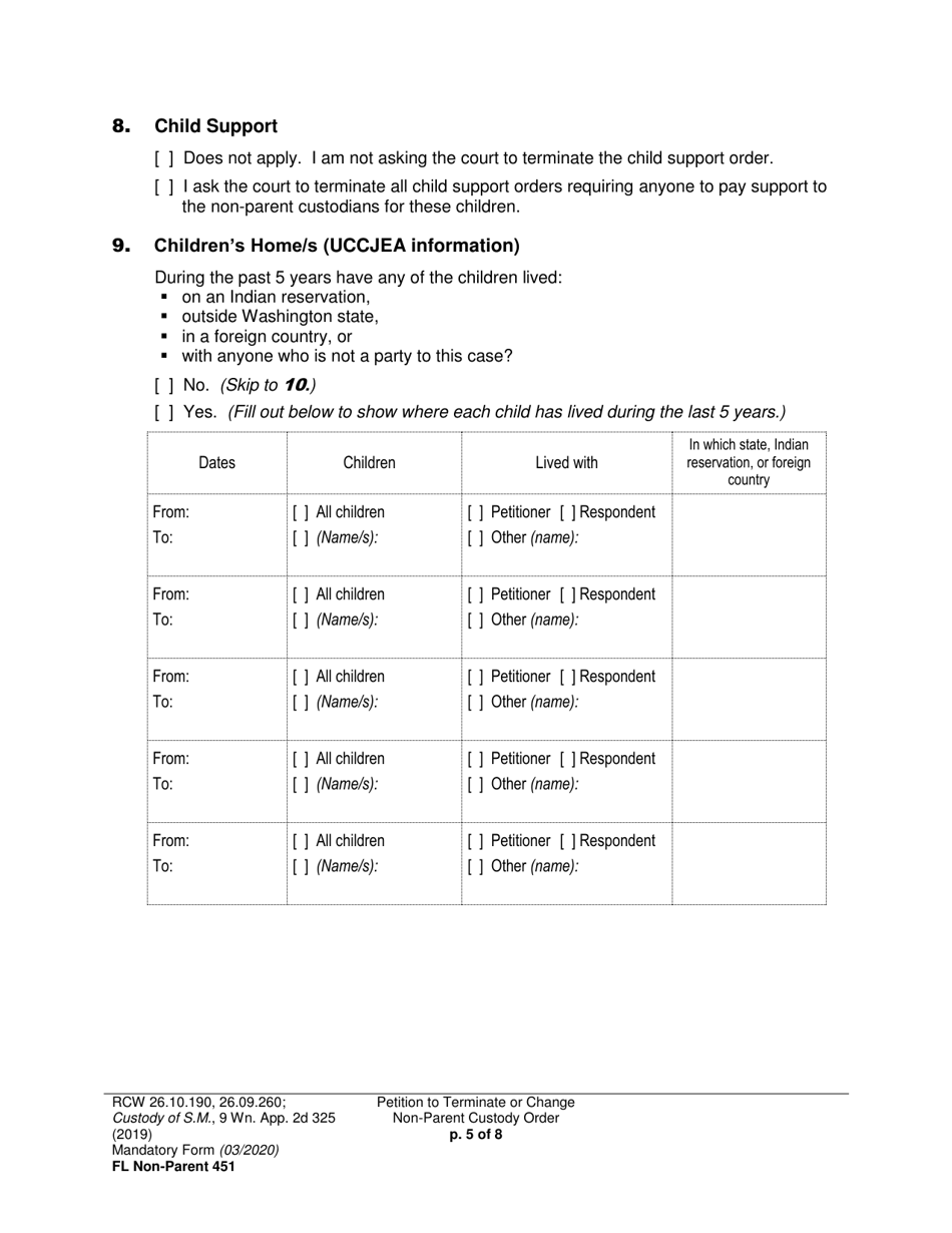 Form FL Non-Parent451 Petition to Terminate or Change Non-parent Custody Order - Washington, Page 5